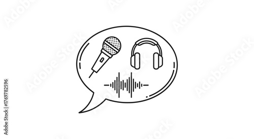Conceptual illustration of audio recording and broadcasting, featuring a microphone, headphones, and a sound wave visualization within a speech bubble, symbolizing communication, podcasting, music