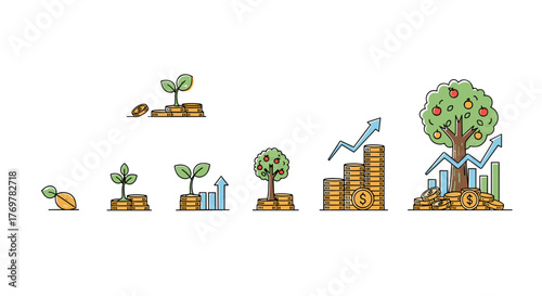 Visual representation of financial growth and investment success, depicting a plant sprouting from a seed, growing into a mature tree laden with fruit, surrounded by stacks of coins and upward