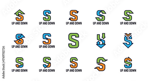 Collection of fifteen unique 'S' letter logos, each featuring dynamic arrow elements symbolizing upward and downward movement, presented in a vibrant color palette against a black background, perfect