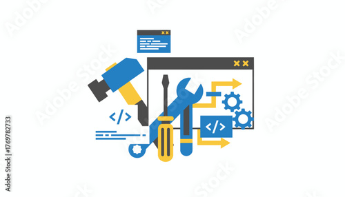 Representing the concept of web development and programming with various tools like hammer, wrench, and screwdriver alongside coding windows, illustrating a systematic building process