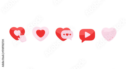 A collection of vibrant 3D social media icons featuring hearts, a hand clicking a heart, a chat bubble with hearts, and a play button within a speech bubble, all set against a stark black background