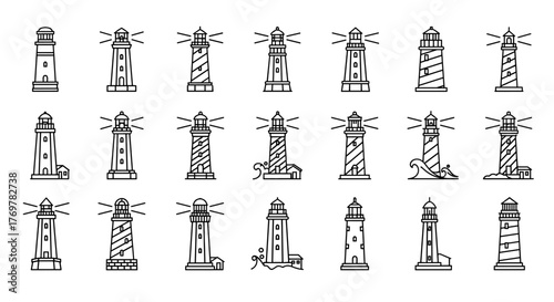 A collection of twenty distinct lighthouse illustrations in a clean, white line art style on a black background, showcasing various architectural designs and coastal elements, perfect for maritime