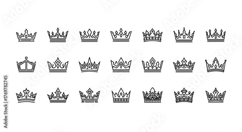A collection of diverse crown icons, presented in a clean, minimalist line art style, showcasing various regal designs suitable for emblems, logos, and royal themes, perfect for graphic design