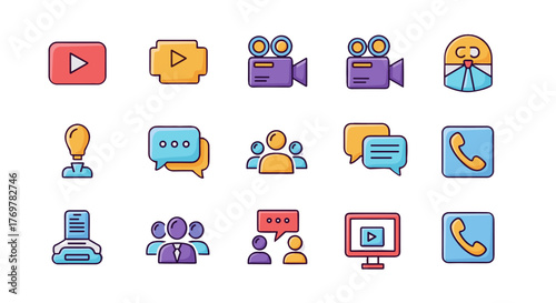 A vibrant collection of modern flat icons representing communication and business concepts, including video cameras, chat bubbles, a lightbulb for ideas, a printer, a computer screen with a play