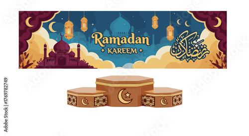 Ramadan Kareem banner with Islamic calligraphy, mosque, crescent moons, and lanterns, set against a starry night sky and stylized clouds, with a wooden podium featuring Islamic geometric patterns and
