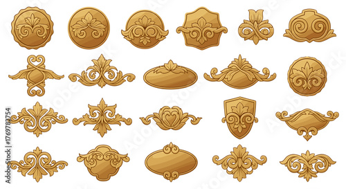 Collection of ornate golden decorative elements and flourishes in a classic baroque style, featuring intricate scrollwork, floral motifs like fleur-de-lis, and shield shapes, perfect for elegant