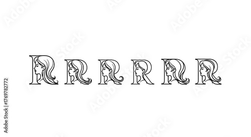 A striking graphic design featuring a repeating pattern of the letter R, stylized with a silhouette of a woman's profile integrated into its form, creating a unique and artistic typographic