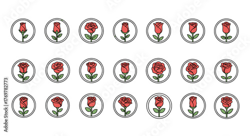 A collection of stylized red rose icons, each enclosed in a circular frame with a white outline, showcasing different stages of bloom from bud to full flower, set against a stark black background