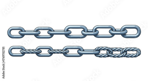 A detailed illustration showcasing two distinct metal chains against a stark black background, one featuring standard oval links and the other displaying a more intricate twisted link design
