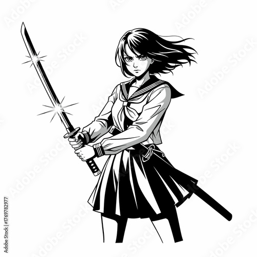 anime schoolgirl holding katana