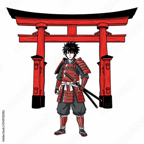 anime samurai standing in front of torii gate