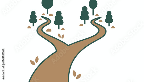 Winding path splitting into two divergent routes through a simple landscape, symbolizing choices, crossroads and decision making on the journey of life or business, transparent bg
