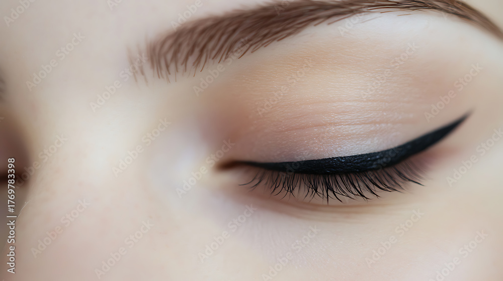 Obraz premium Close-up on a woman's eye with sleek black eyeliner. The focus is on precision, beauty, and detail. The gentle curve highlights the lashes, enhancing natural elegance.