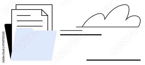 Folder holding documents alongside a minimalist cloud design suggesting online storage. Ideal for file sharing, document management, organization, data backup, cloud computing, workflow optimization