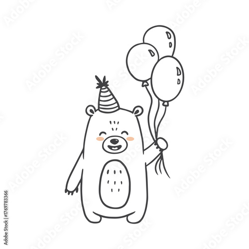 Cute cartoon bear with balloons. Teddy bear in doodle style for greeting card. Happy birthday. Vector illustration