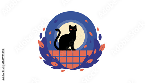 A black cat perched on a fence its eyes glowing in the moonlight surrounded by swirling leaves and twilight colors.