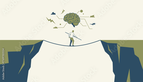 Person walking a tightrope over a chasm, balancing with a pole while a conceptual brain above shows connections to various stress and positive thought icons