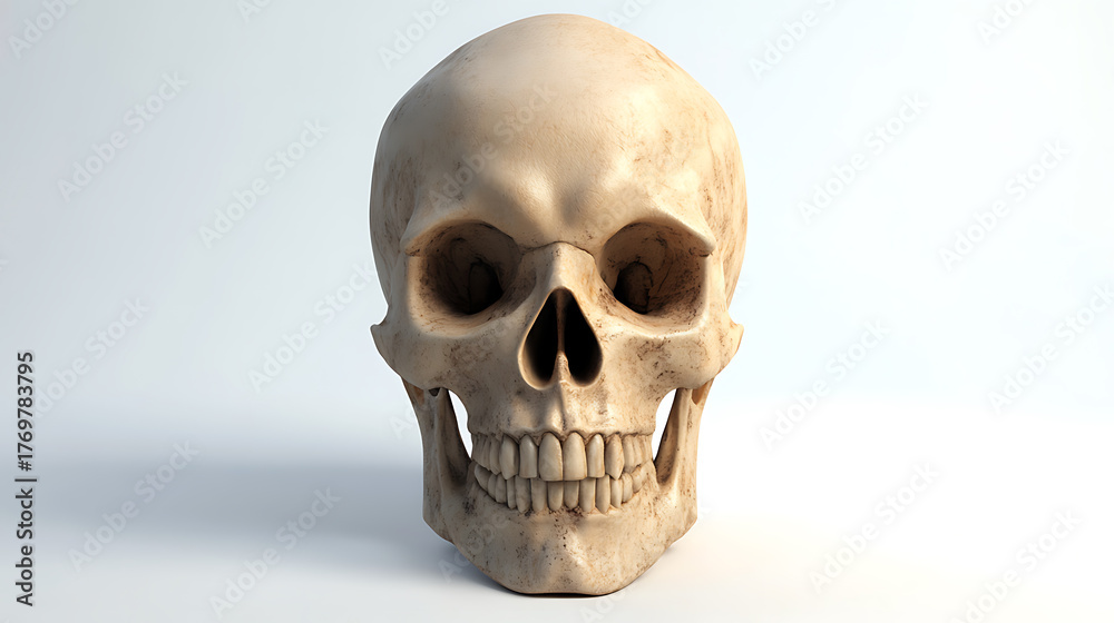 Naklejka premium Anatomical study of a human skull, set against a plain white backdrop. Detailed bone structure and facial features are visible, offering an educational perspective.