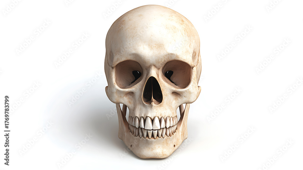 Obraz premium Detailed human skull on a white background. A reminder of mortality and the complex structure of the human anatomy. Striking image for educational or artistic uses.