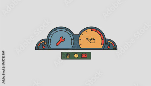 Car dashboard displaying a wrench, oil can, and battery gauge with additional warning lights for service, low maintenance, and battery issues indicating a need for attention