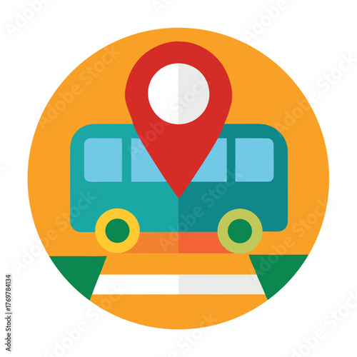Bus station map icon with bus and location pin, colorful vector