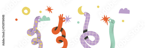 Set of flexible cartoon hands with cloud, hand with star, hand with moon. The concept of joint work. Retro cartoon illustration in factory style.