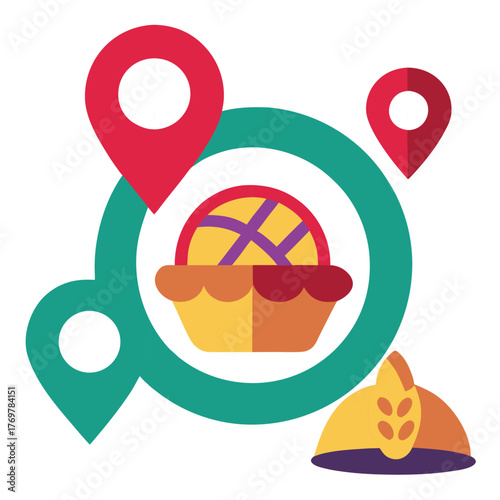 Bakery map icon with bread, cake, location pin flat vector