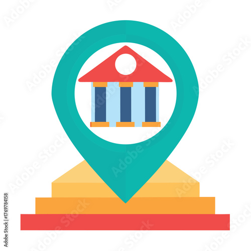 Bank building map icon with location pin, colorful flat vector design