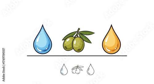A visually striking graphic featuring three distinct drops of liquid and olive branches, symbolizing purity, natural ingredients, and the essence of olive oil production, presented on a clean black