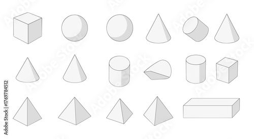 Collection of white 3D geometric shapes isolated on a black background, including cubes, spheres, cones, cylinders, pyramids, and a rectangular prism, presented in a clean, minimalist, and