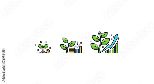 Conceptual illustration of business growth and financial success, depicting a seedling evolving into a mature plant alongside ascending bar charts and an upward trending arrow, symbolizing