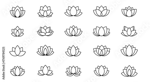 Collection of twenty white lotus flower outline icons on a black background, representing purity, spirituality, and tranquility, perfect for wellness, yoga, and meditation themes, symbolizing