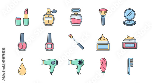 A vibrant collection of flat design icons representing beauty and personal care essentials, including lipstick, perfume bottles, nail polish, makeup brushes, creams, a compact mirror, a hair dryer, a