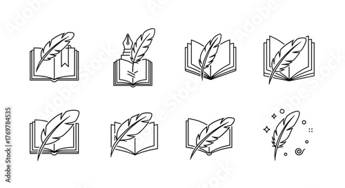 Collection of elegant line art icons depicting open books with quill pens, symbolizing literature, writing, knowledge, education, and creativity. These versatile vector graphics are perfect for