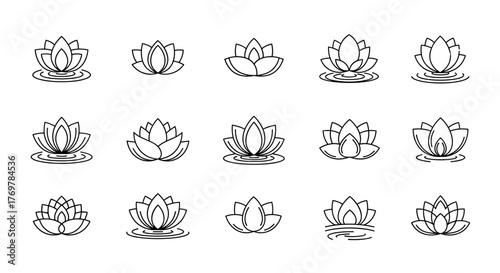 Collection of 15 stylized white lotus flower icons on a black background, representing purity, enlightenment, and tranquility, perfect for wellness, spa, and meditation themes, with subtle water