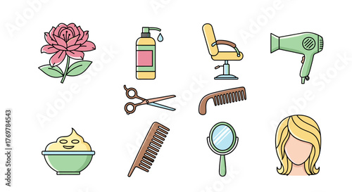 A vibrant collection of flat design icons representing beauty salon and hairdressing essentials, including a pink rose, shampoo bottle, barber chair, hairdryer, scissors, combs, a mirror, and a