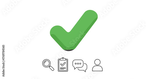 A vibrant 3D green checkmark symbol, representing approval, success, and completion, hovers above a row of minimalist icons including a magnifying glass, a clipboard with a check, a speech bubble