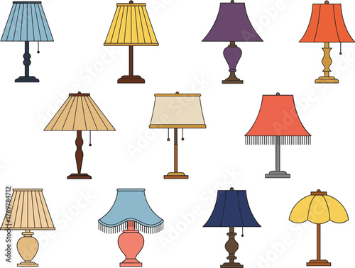 Table lamp vector illustration set, twelve unique vintage-style lamps with varied bases and shades, white background for interior and decor concepts