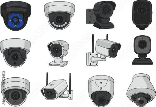 Surveillance camera vector illustration set, twelve security devices with varied designs and features, white background for technology and safety concepts