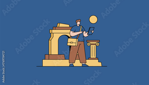 A digital nomad exploring a historic site during the day carrying a laptop bag as they capture inspiration for future content creation.