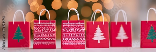 Row of Red Christmas Shopping Bags with Nordic Prints and Festive Bokeh Background