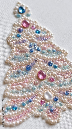 Handmade Sparkling Christmas Tree Artwork with Pearls and Glitter on White Canvas