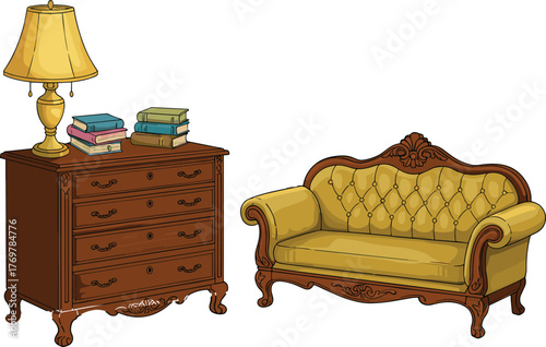 Vintage interior vector illustration set, ornate chest of drawers, table lamp, stacked books, tufted loveseat, white background for decor concepts