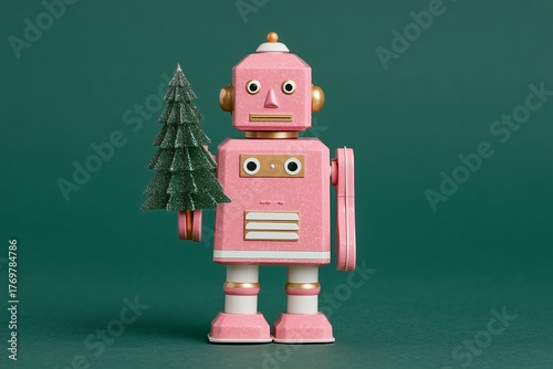 Pastel Retro Robot Holding Christmas Tree on Dark Green Background with Gold Accents