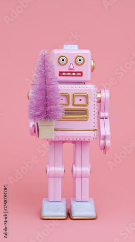 Pastel Retro Robot Holding Christmas Tree on Pink Background with Gold Accents