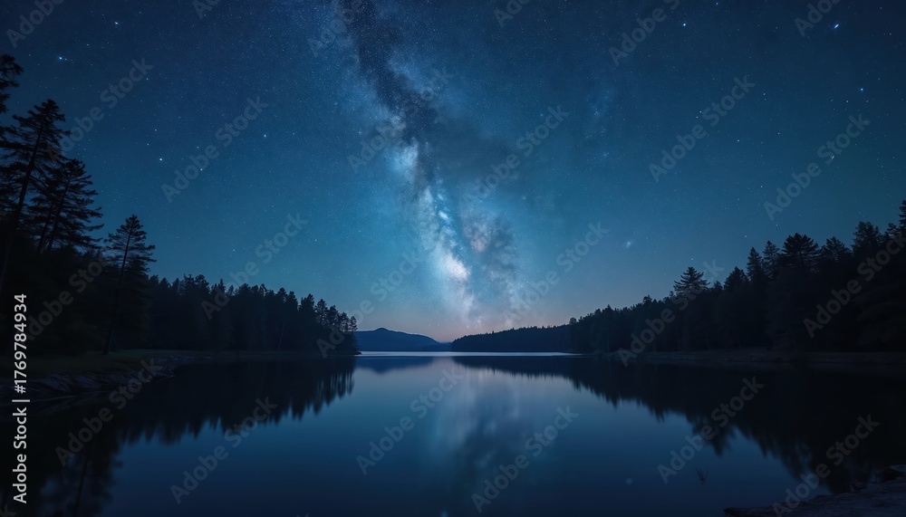 Fototapeta premium Starry night sky with Milky Way galaxy reflects in calm lake water. Pine tree forest silhouette on shore in deep darkness. Peaceful nature scenery with stars, constellations. Beautiful tranquil