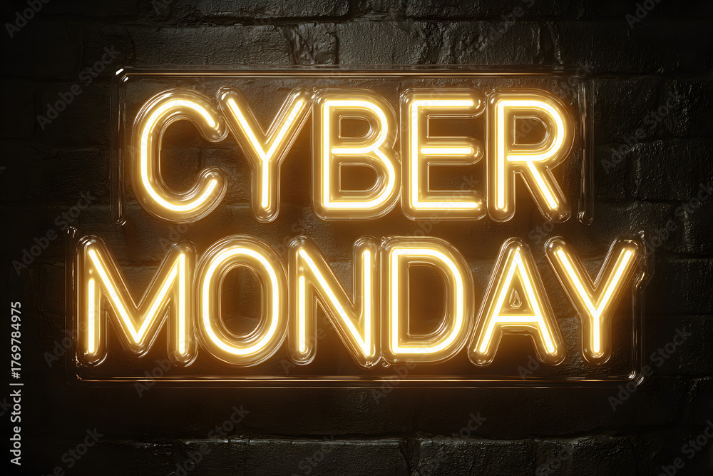 Fototapeta premium Neon Cyber Monday Banner. Text and Title of Cyber Monday