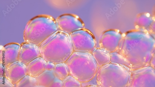 Macro view of soap bubble clusters reflecting iridescent colors, showcasing delicate textures and shapes, creating a mesmerizing visual experience of nature's beauty
