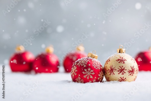 Red and gold ornate Christmas baubles surrounded by soft snowflakes create a festive atmosphere, perfect for holiday decorations and seasonal celebrations with copy space