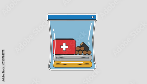 An illustrated survival kit showing a first aid pouch fire starters and emergency blankets all neatly organized within a waterproof bag.